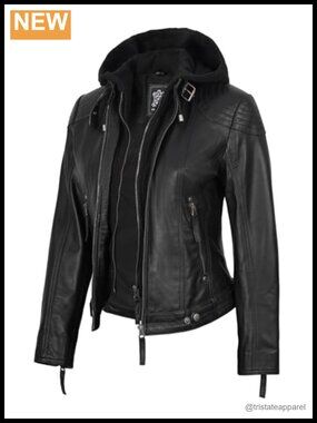 Real Lambskin Leather Jacket Women Detachable Hood Zip Pockets